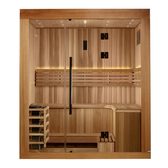 Golden Designs 2025 Updated "Copenhagen Edition" 3 Person Traditional Sauna - Canadian Red Cedar Interior and Pacific Premium Clear Cedar Exterior