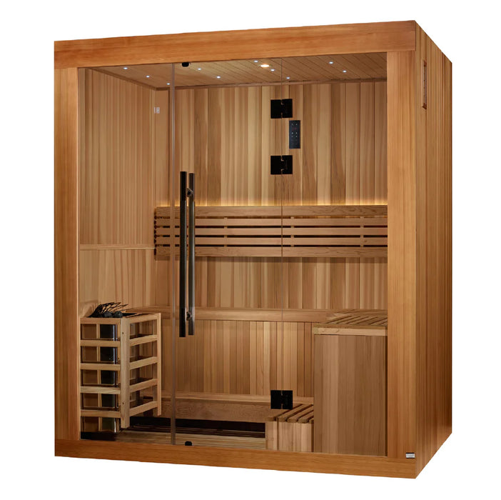 Golden Designs 2025 Updated "Copenhagen Edition" 3 Person Traditional Sauna - Canadian Red Cedar Interior and Pacific Premium Clear Cedar Exterior